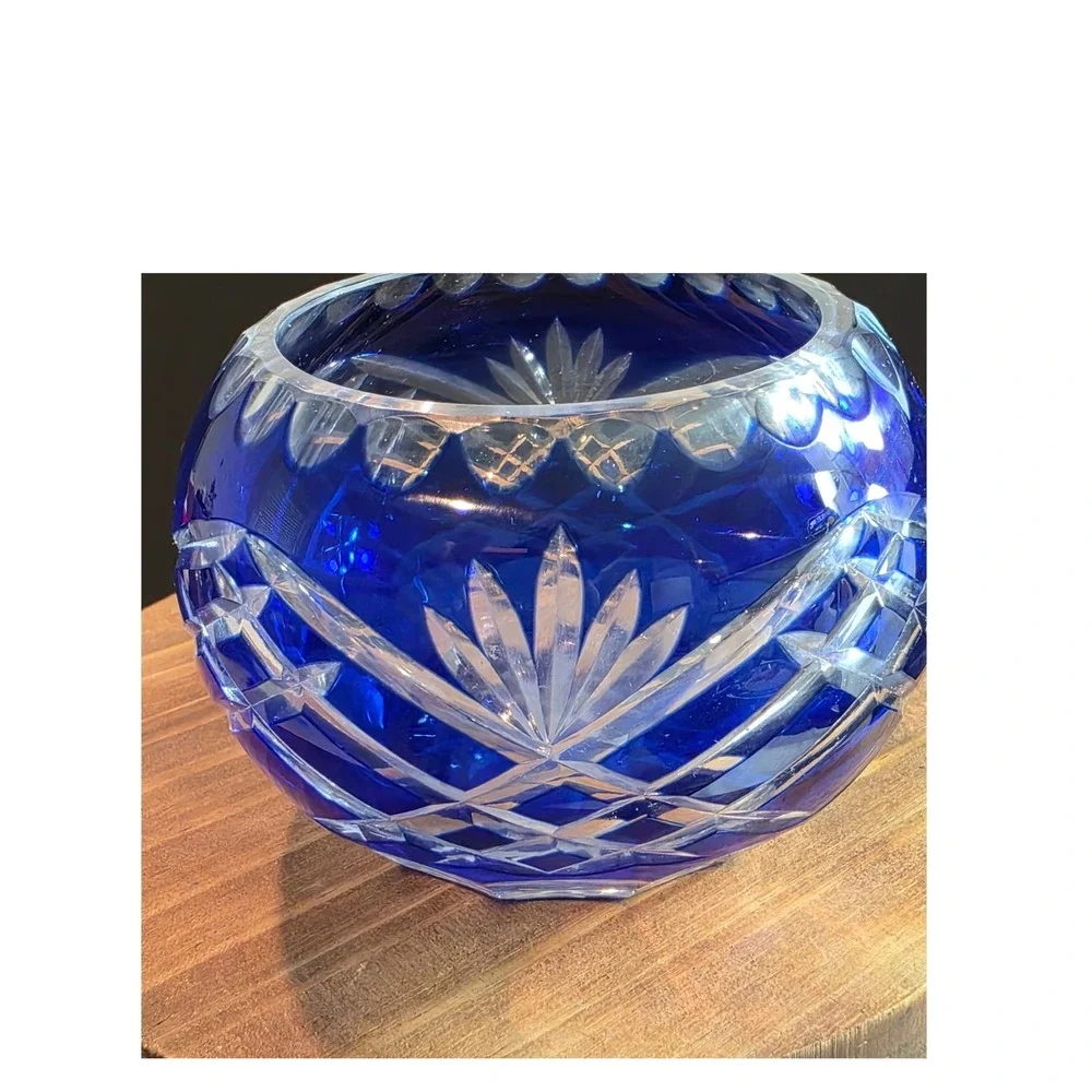 Fifth Avenue Crystal Cobalt Blue Cut to Clear Votive Holder Mini Floral Vase